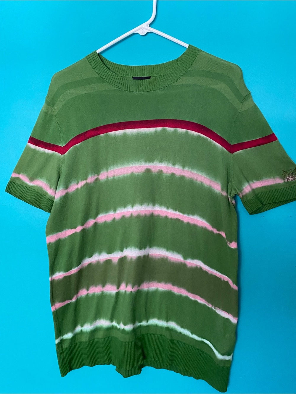 Diesel K Knoty Shirt Mens M Crew Short Sleeve Green Pink Cotton Lightweight